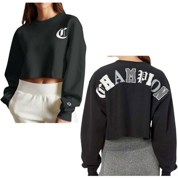 Champion Tops - Champion Sweatshirt WMNS XL Black Crop Cut Off Reverse Weave Silver Old English